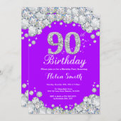 90e verjaardag Uitnodiging Paars en Silver Diamond (Voorkant / Achterkant)