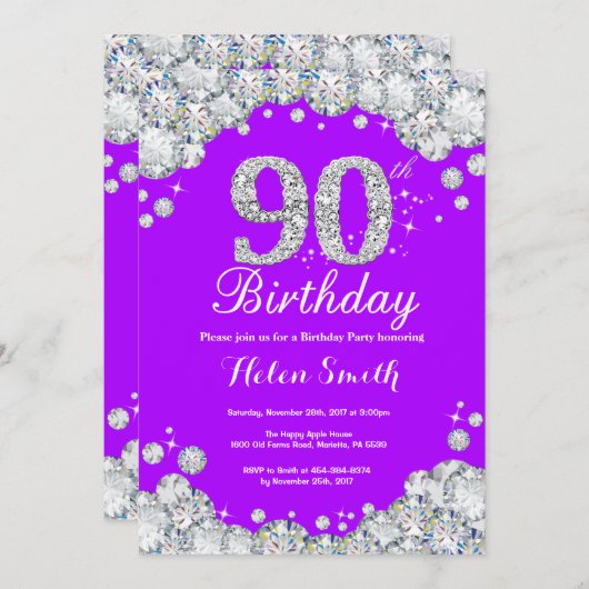 90e verjaardag Uitnodiging Paars en Silver Diamond (Voorkant / Achterkant)