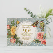 90e verjaardag Uitnodiging Roustic Floral Birds Bl (Staand voorkant)