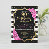 90e verjaardag uitnodiging roze zwarte strepen (Staand voorkant)