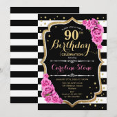 90e verjaardag uitnodiging roze zwarte strepen (Voorkant / Achterkant)