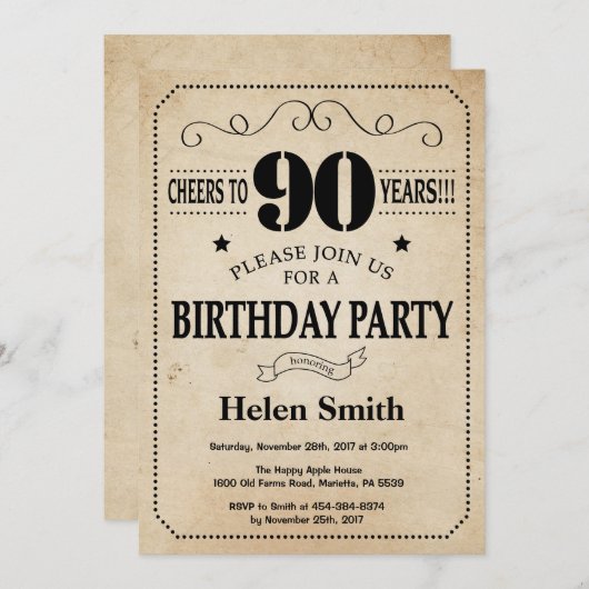 90e Verjaardag Uitnodiging Rustieke  Retro (Voorkant / Achterkant)