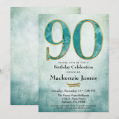 90e verjaardag Uitnodiging Turquoise Blue Gold Adu (Voorkant / Achterkant)