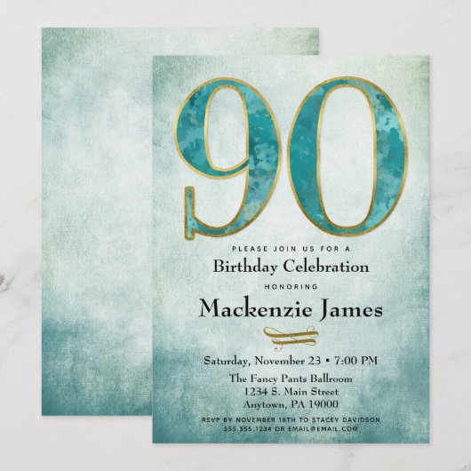 90e verjaardag Uitnodiging Turquoise Blue Gold Adu (Voorkant / Achterkant)