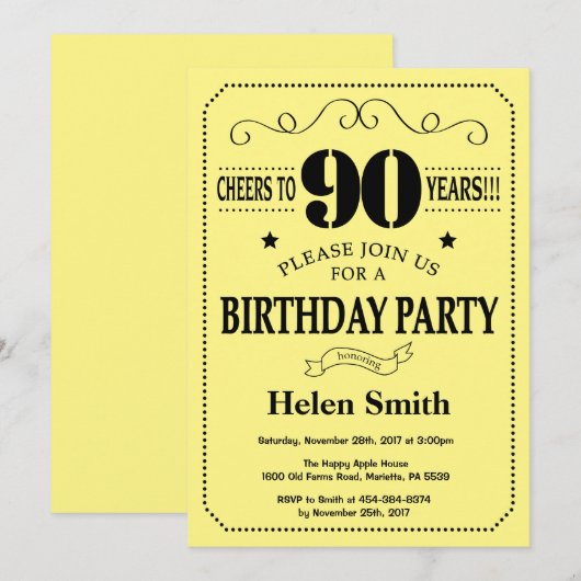 90e verjaardag Uitnodiging zwart-geel (Voorkant / Achterkant)