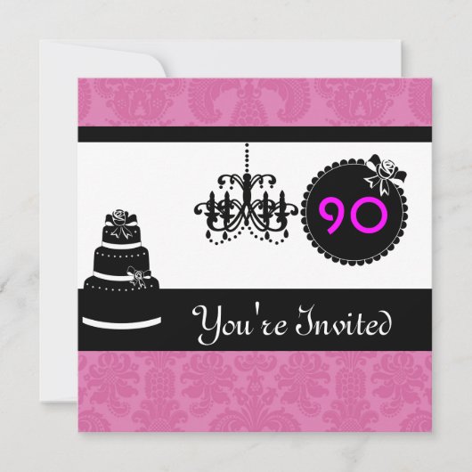 90e verjaardag van Black & White & PINK Damask in Kaart (Voorkant)