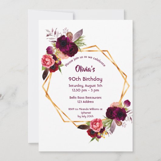90e verjaardag van bogundy floraals goud geometris kaart (Voorkant)