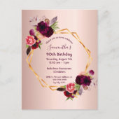 90e verjaardag van de bogundy floral roos gouduitn briefkaart (Voorkant)