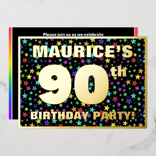 90e verjaardag van de geboorte - Fun, kleurrijk st Folie Uitnodiging (Voorkant / Achterkant)
