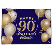 90e verjaardag van de marineblauw en goudballonnen groot cadeauzakje (Achterkant)