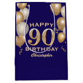 90e verjaardag van de marineblauw en goudballonnen medium cadeauzakje (Voorkant)