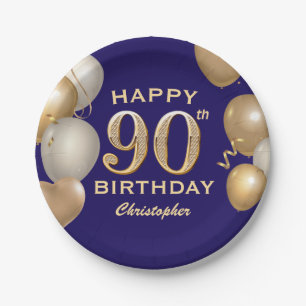 90e verjaardag van de marineblauw en goudballonnen papieren bordje
