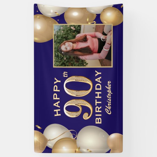 90e verjaardag van de marineblauw en goudballonnen spandoek (Verticaal)