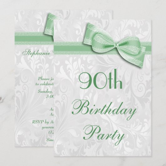 90e verjaardag van de partij Damask en Faux Bow Kaart (Voorkant / Achterkant)