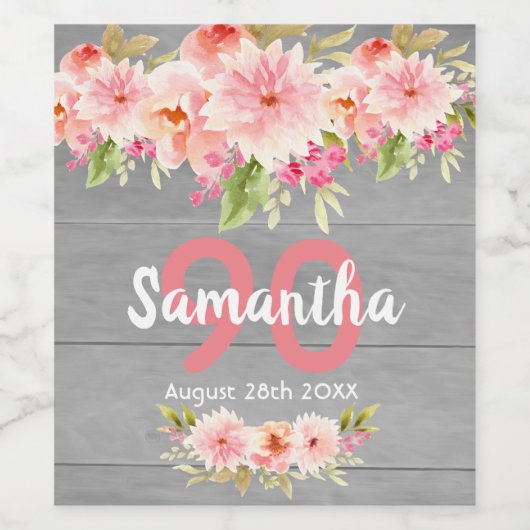 90e verjaardag van de partij grijze houtroze flora wijn etiket (Enkel label)