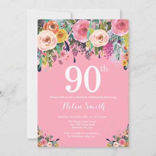 90e verjaardag van de roze Floral Kaart (Voorkant)