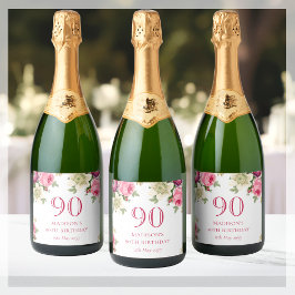 90e verjaardag van de roze Floral Sparkling Wijnetiket