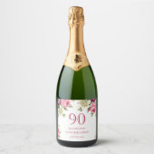 90e verjaardag van de roze Floral Sparkling Wijnetiket (Voorkant)