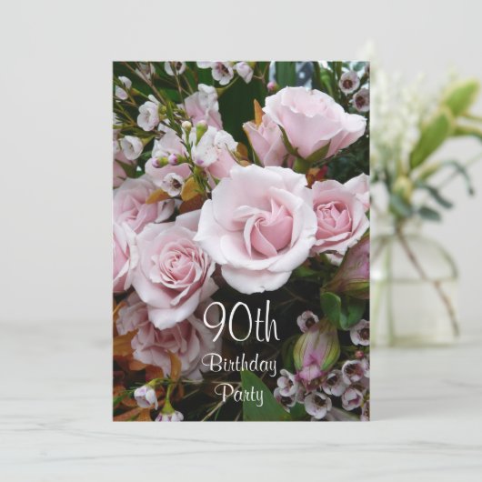 90e verjaardag van de viering-roze rozen kaart (Staand voorkant)