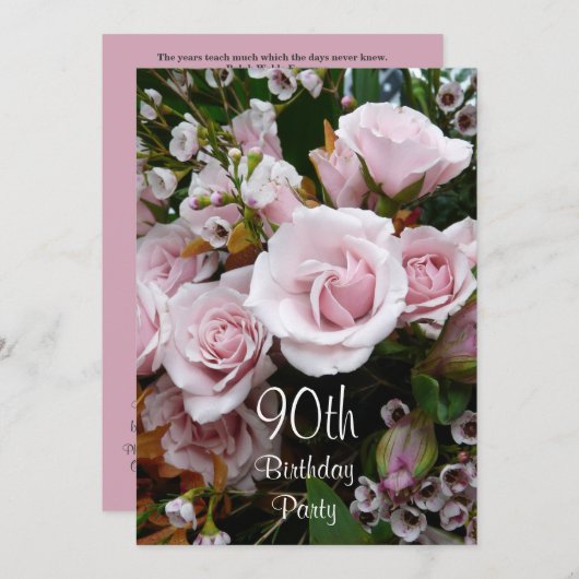 90e verjaardag van de viering-roze rozen kaart (Voorkant / Achterkant)