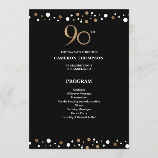 90e verjaardag van Elegant Gold en Black Confetti Programmakaart (Achterkant)