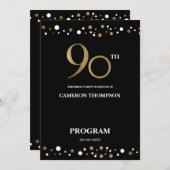 90e verjaardag van Elegant Gold en Black Confetti Programmakaart (Voorkant / Achterkant)