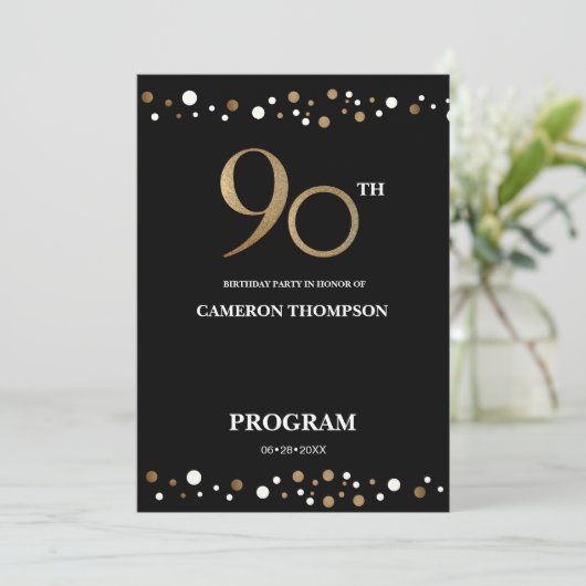 90e verjaardag van Elegant Gold en Black Confetti Programmakaart (Staand voorkant)