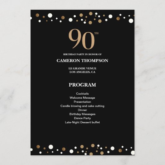 90e verjaardag van Elegant Gold en Black Confetti Programmakaart (Achterkant)