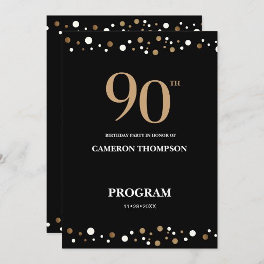 90e verjaardag van Elegant Gold en Black Confetti Programmakaart (Voorkant / Achterkant)