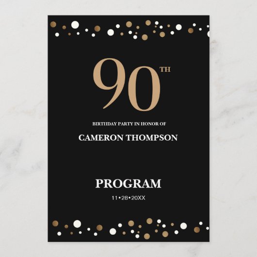 90e verjaardag van Elegant Gold en Black Confetti Programmakaart (Voorkant)