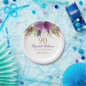 90e verjaardag van Floral Glitter Sparking Amethys Papieren Bordje (Feest)