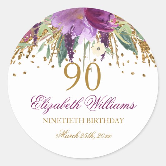 90e verjaardag van Floral Glitter Sparking Amethys Ronde Sticker (Voorkant)
