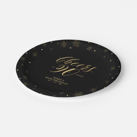 90e verjaardag van gouden en zwarte pekeltjes papieren bordje (Gekanteld)