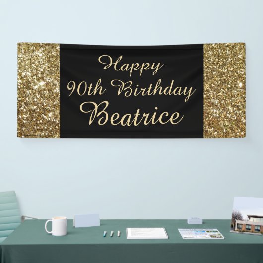 90e verjaardag van gouden/zwarte sparkle-banner spandoek (Beurs)