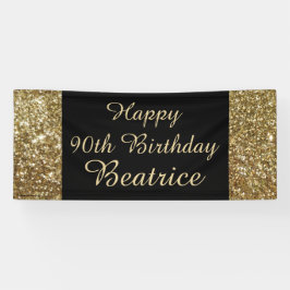 90e verjaardag van gouden/zwarte sparkle-banner spandoek