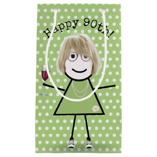 90e verjaardag van het kruidenmeisje met wijnglas klein cadeauzakje (Voorkant)