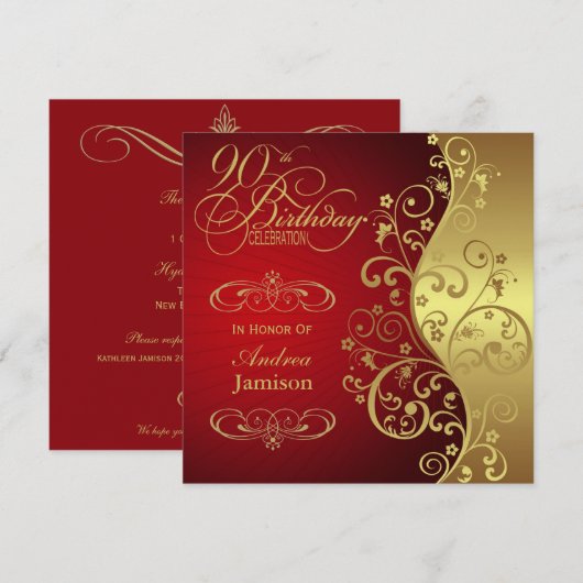 90e verjaardag van Red and Gold Party Kaart (Voorkant / Achterkant)