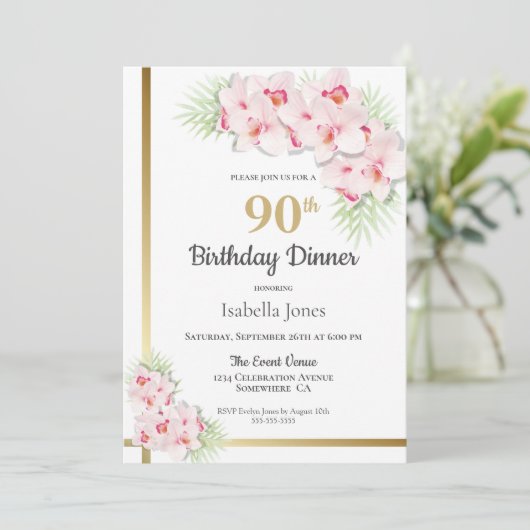 90e verjaardag van roze en goudbloem Dinner Party Kaart (Staand voorkant)
