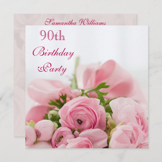 90e verjaardag van roze rozen kaart (Voorkant / Achterkant)