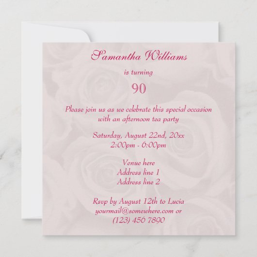 90e verjaardag van roze rozen kaart (Achterkant)