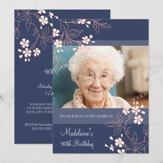 90e verjaardag van uitnodigingen blauwe koraal blo (Voorkant / Achterkant)