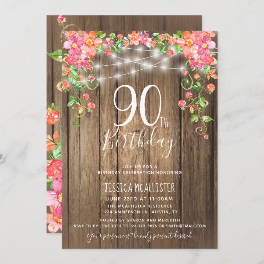 90e Verjaardag Verrassing Brunch Rustieke Bloemen Kaart (Voorkant / Achterkant)