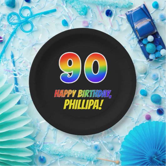 90e verjaardag: Vet, Vun, Eenvoudig, Regenboog 90 Papieren Bordje (Feest)