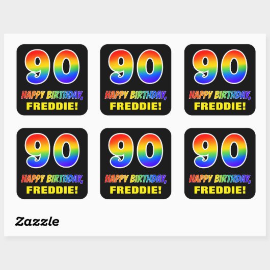 90e verjaardag: Vet, Vun, Eenvoudig, Regenboog 90 Vierkante Sticker (Vel)