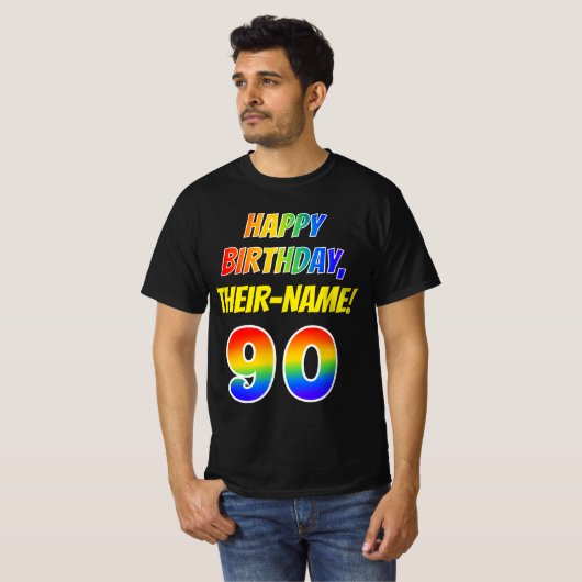 90e verjaardag — Vet, Vun, Regenboog 90, Aangepast T-shirt (Voorkant volledig)