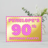 90e verjaardag — Vet, vun, roze band # 90 Folie Uitnodiging (Staand Voorkant)