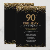 90e verjaardag viering gouden glitter uitnodiging (Voorkant / Achterkant)