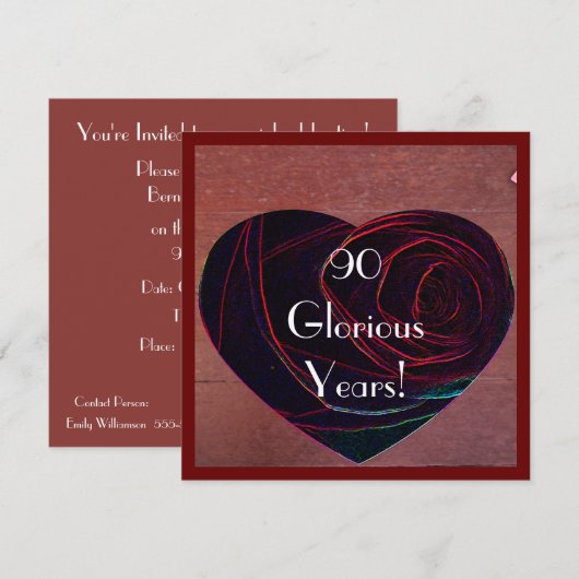 90e verjaardag viering-rood rozenhart kaart (Voorkant / Achterkant)
