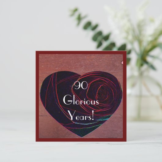 90e verjaardag viering-rood rozenhart kaart (Staand voorkant)