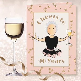 90e verjaardag Vrouwelijke Cartoon Glans Champagne Kaart